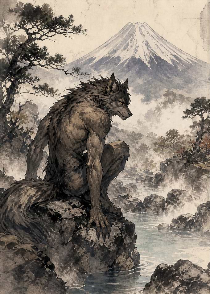 Werewolf overlooking Mount Fuji