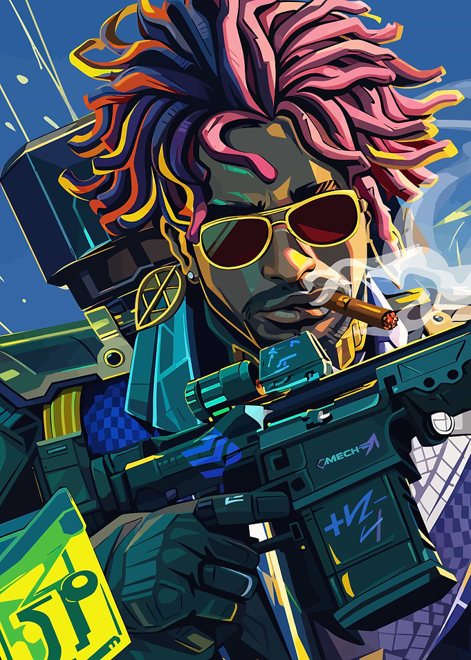 character with gun and cigar
