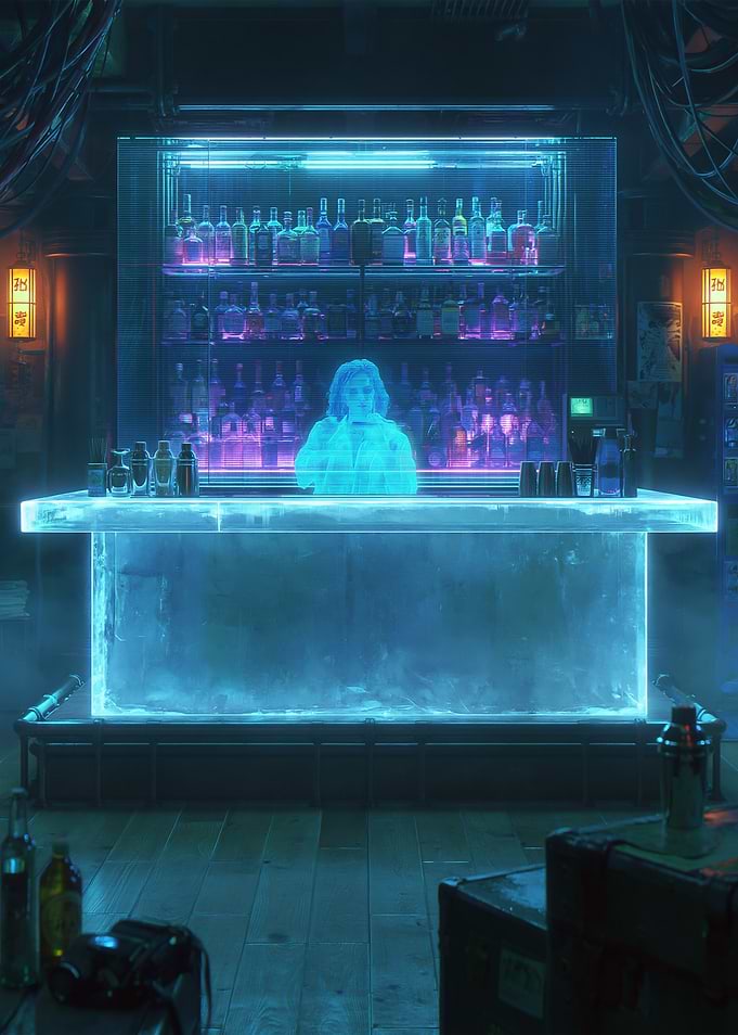 Holographic Bartender in a Cyberpunk Bar