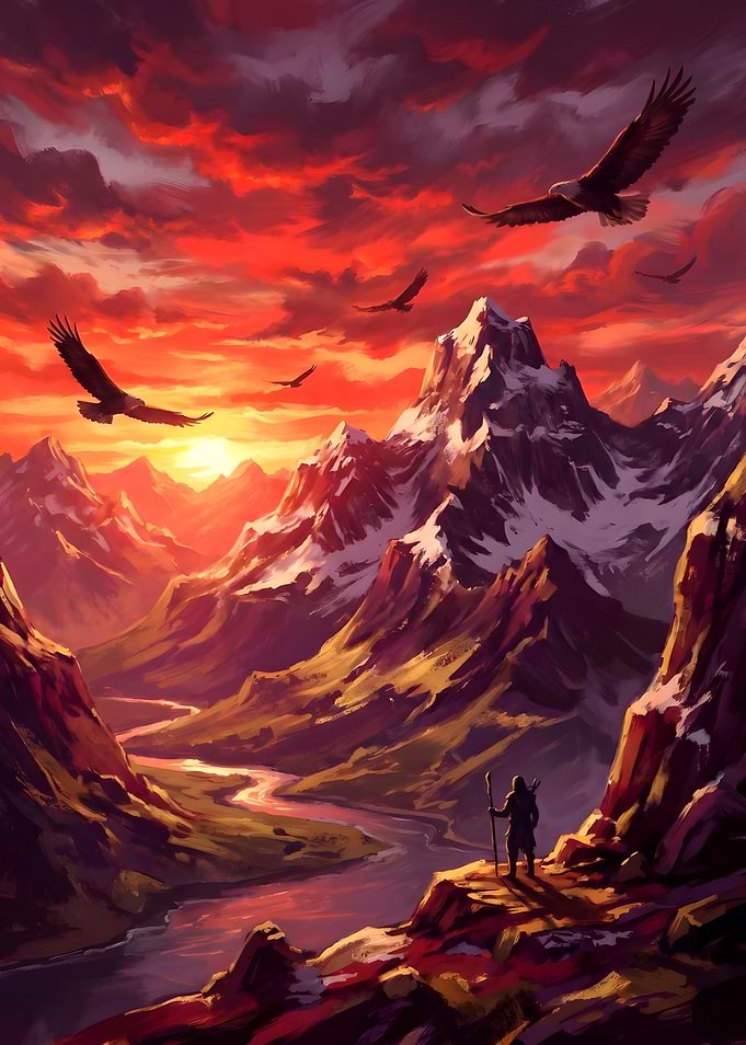 Majestic Mountain Sunset with Eagles