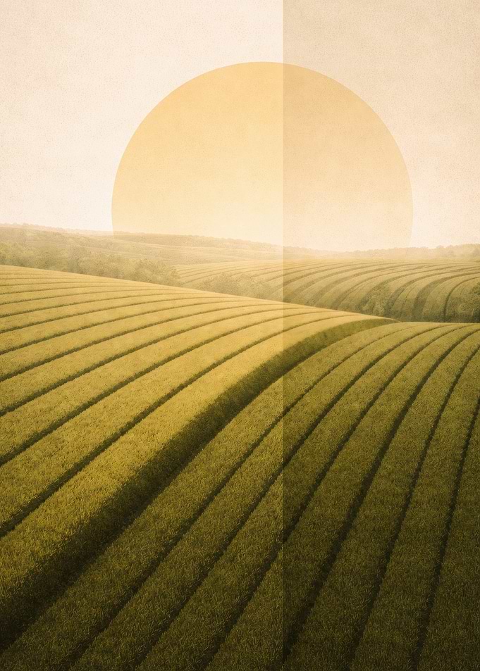 Rolling Hills and Sun - Minimalist Golden Hour Fields