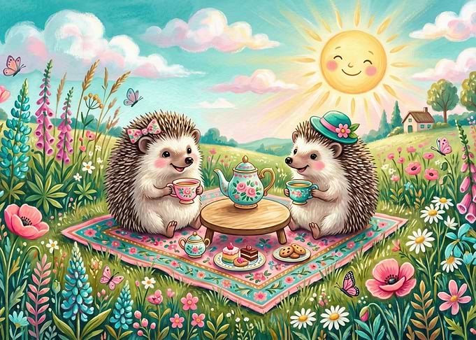 Hedgehogs Having a Tea Party
