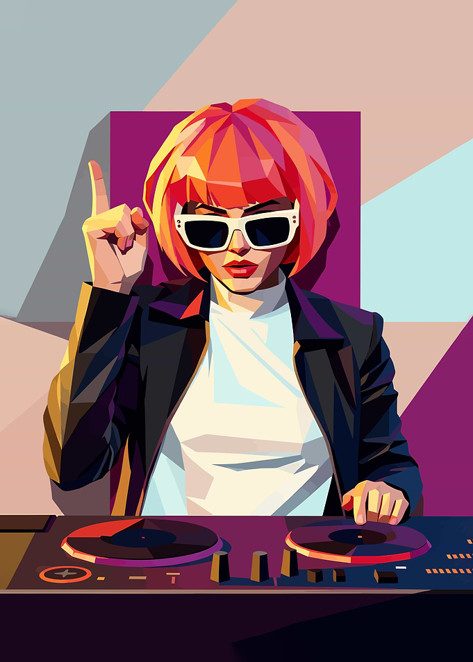 DJ Woman with Pink Hair and Sunglasses