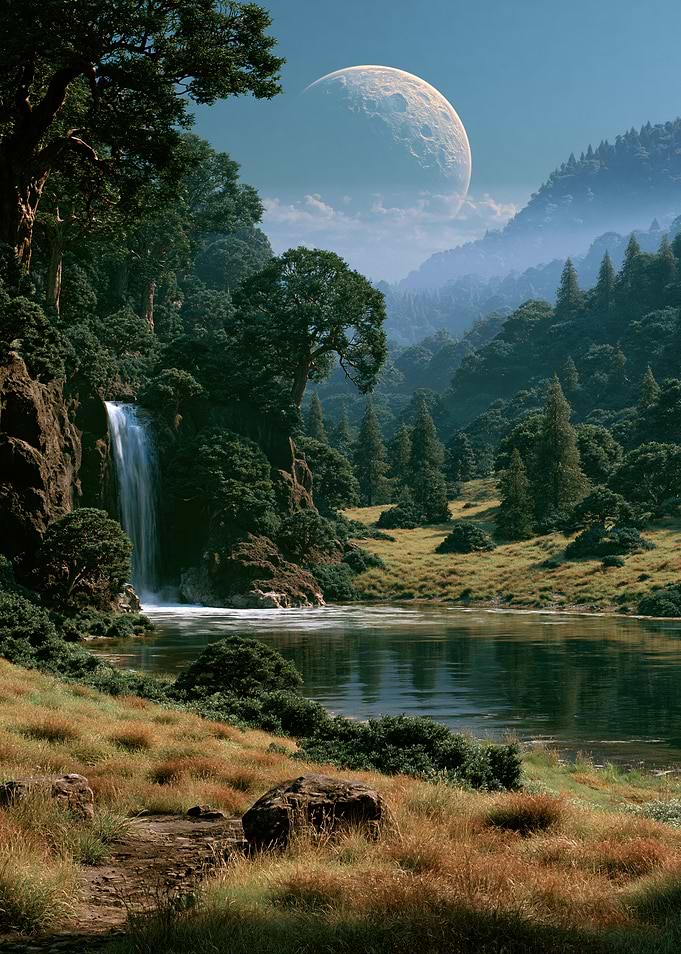 Alien Moonlit Forest Waterfall