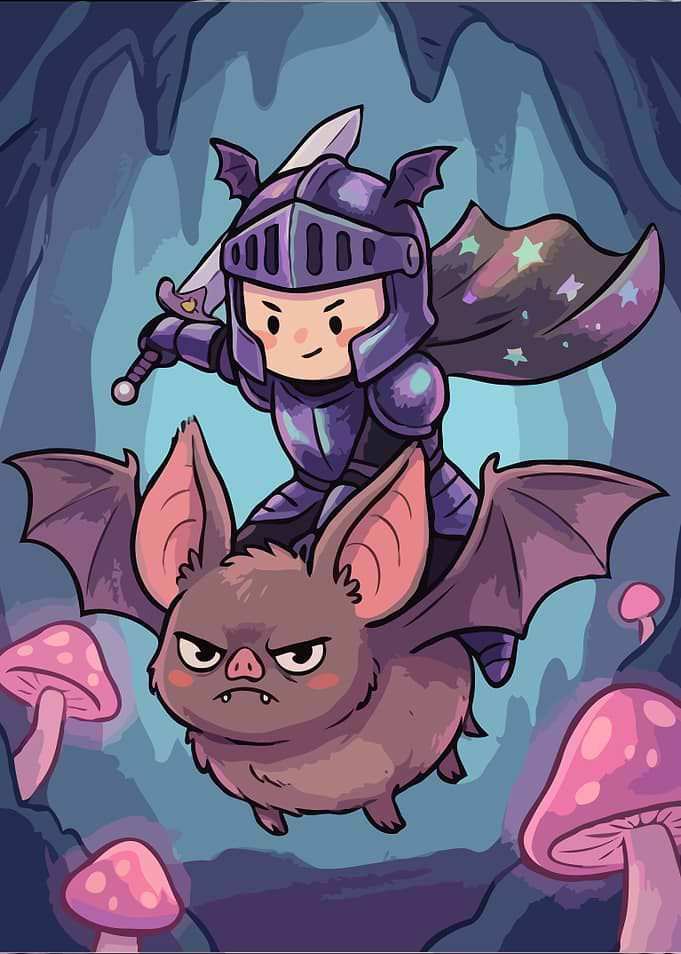 Knight Riding a Bat in a Cave