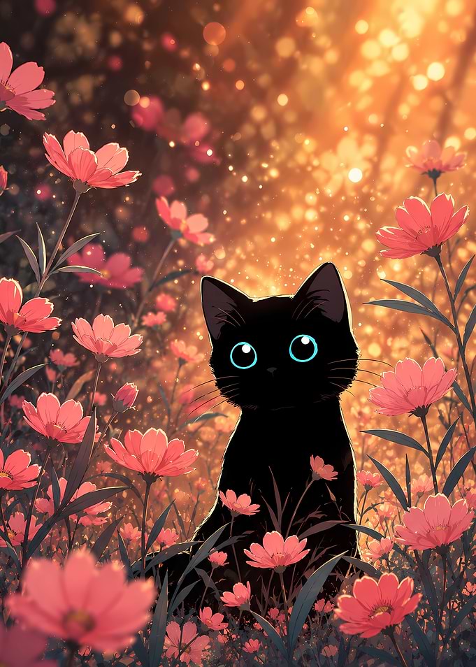 Black Cat in a Field of Flowers