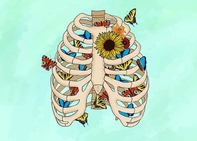Joie de Vivre – Hand-Drawn Rib Cage & Butterflies Illustration