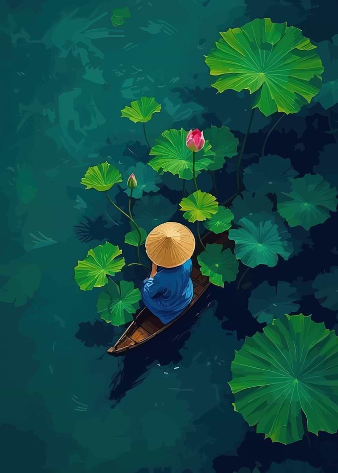 Person in Boat Among Lotus Flowers