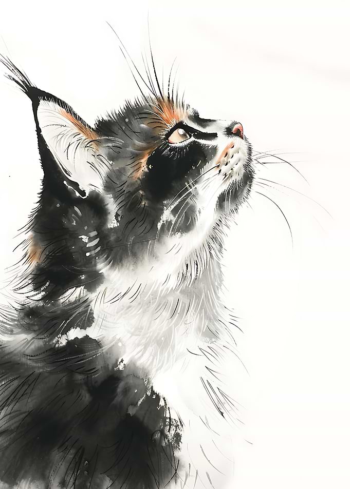 Watercolor Painting of a Cat Looking Up