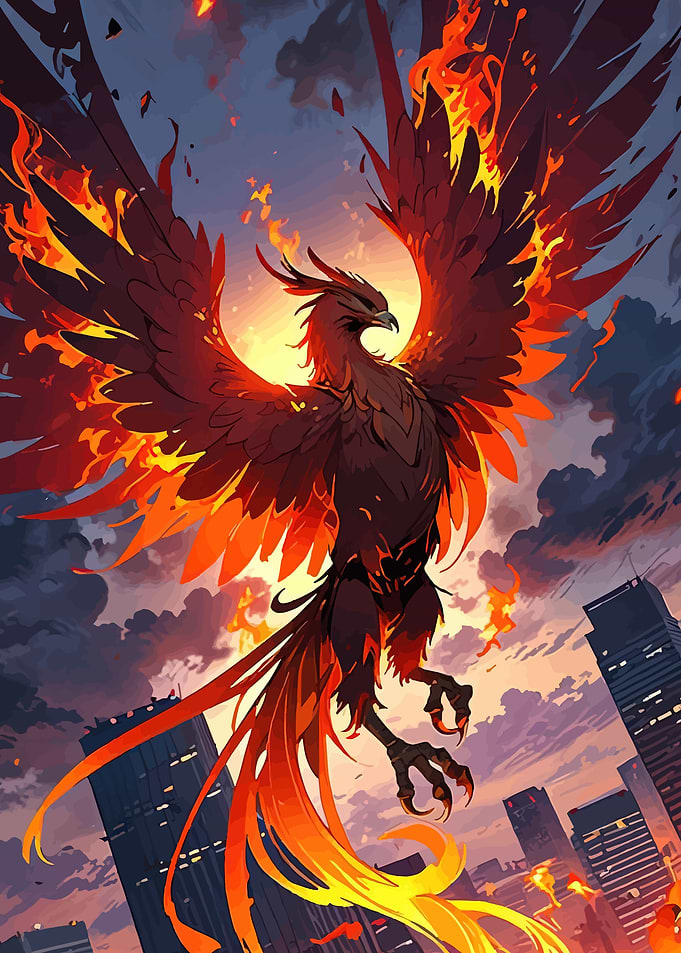 Fiery Phoenix Over Cityscape