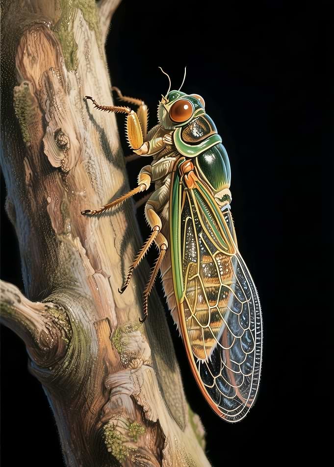 Detailed Cicada on Tree Bark
