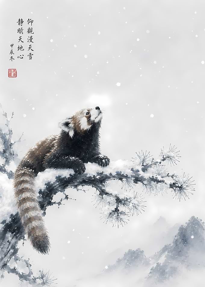 Red Panda in Snowy Landscape