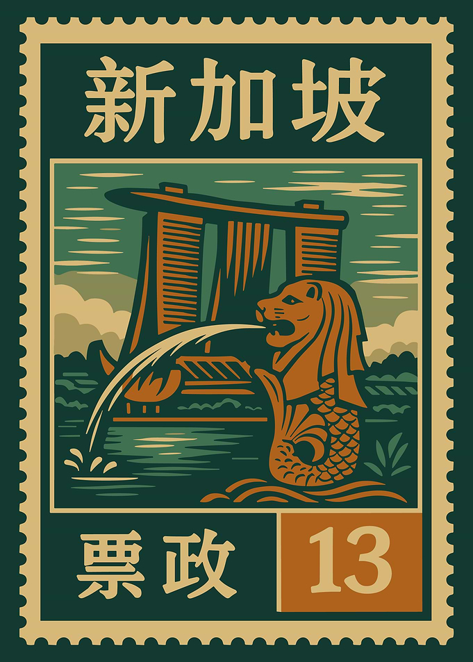 Singapore Stamp Poster, Marina Bay Sands Merlion Wall Art, Vintage Travel Print