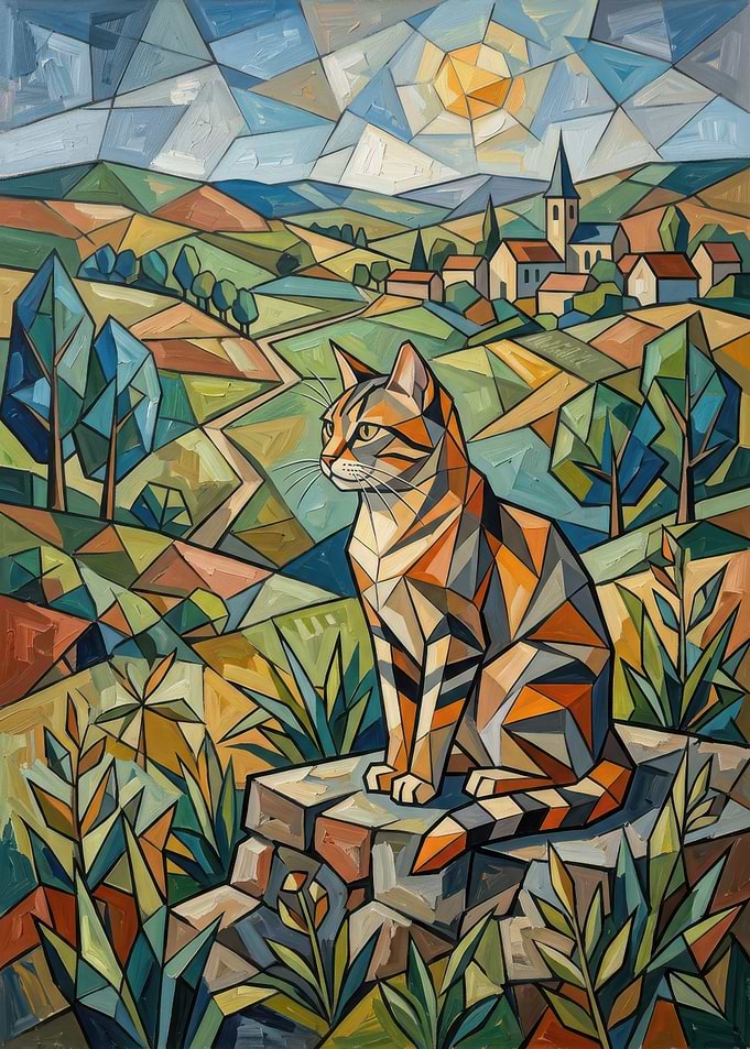 Cubist Cat in a French Landscape