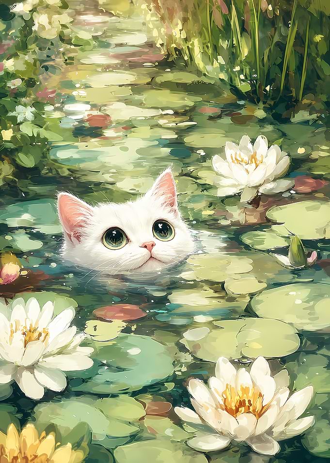 Cute White Cat in a Lily Pond