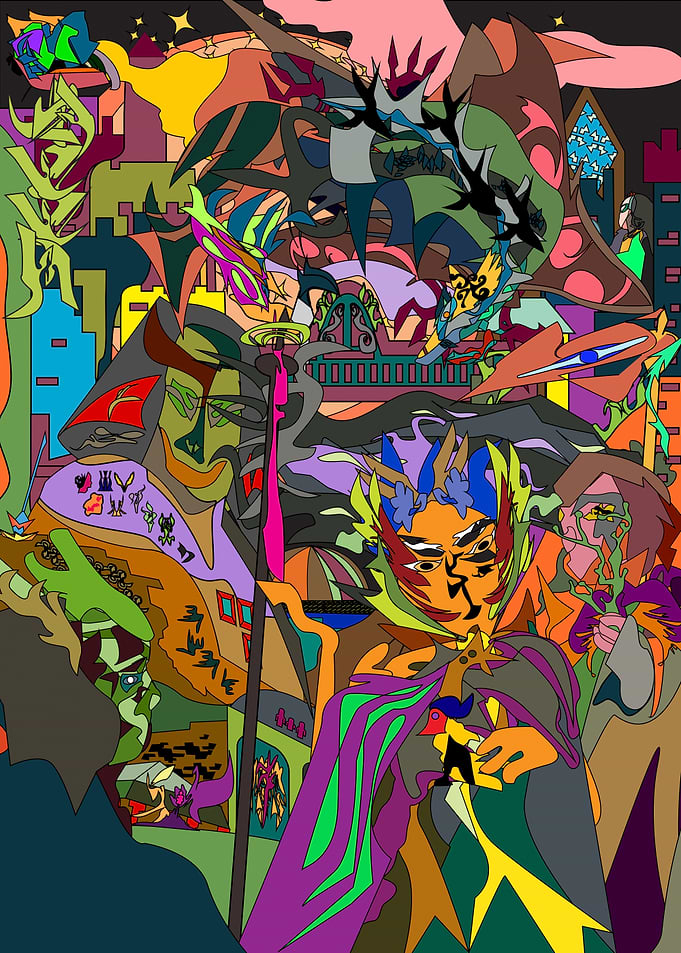 Surreal Abstract Figures in a Dreamlike Cityscape