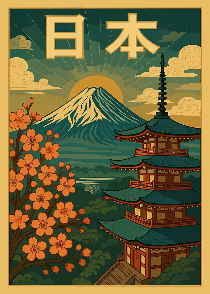 Mount Fuji Poster, Japanese Pagoda Wall Art, Cherry Blossom Landscape Print