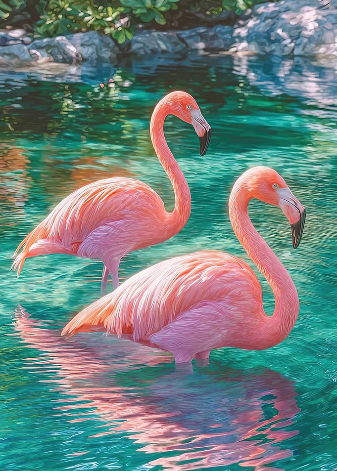 Two Pink Flamingos in Turquoise Water