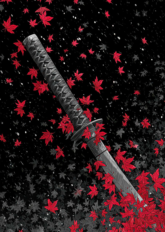 Katana Sword with Falling Maple Leaves
