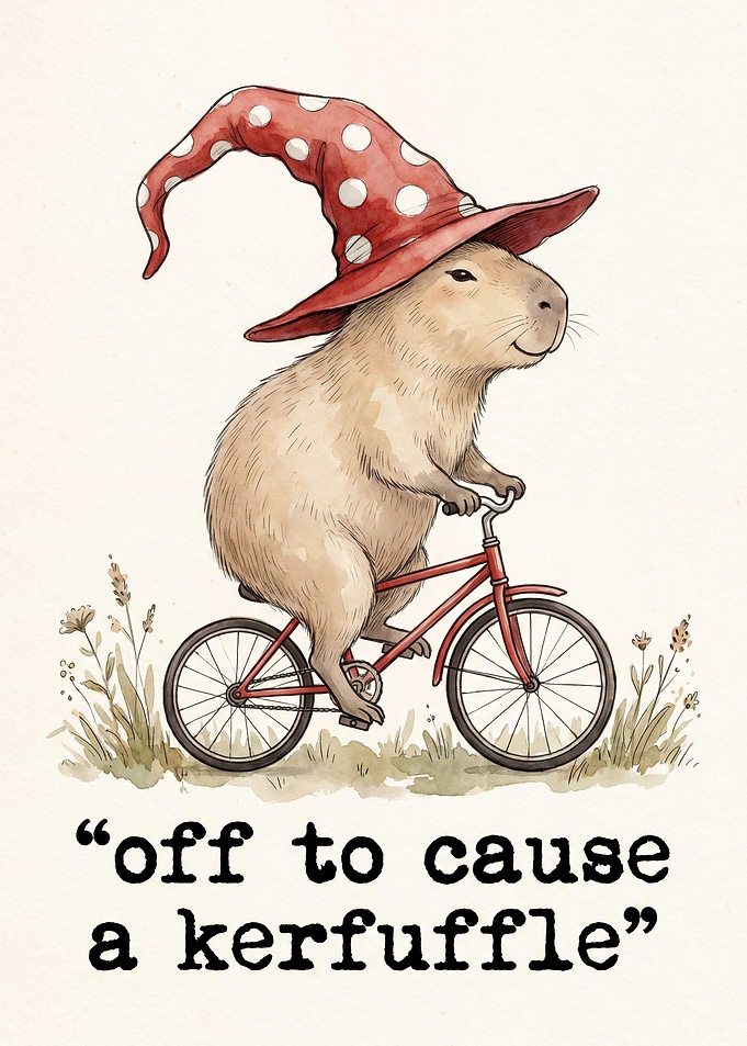 Capybara on a bicycle with a hat - Kerfuffle