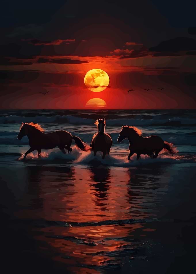Horses running in the ocean at sunset