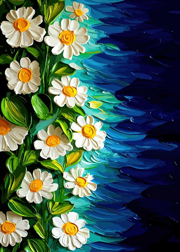 Impressionistic Daisies on Blue Background