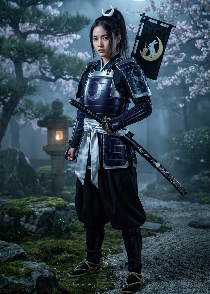Samurai Warrior in Moonlit Garden