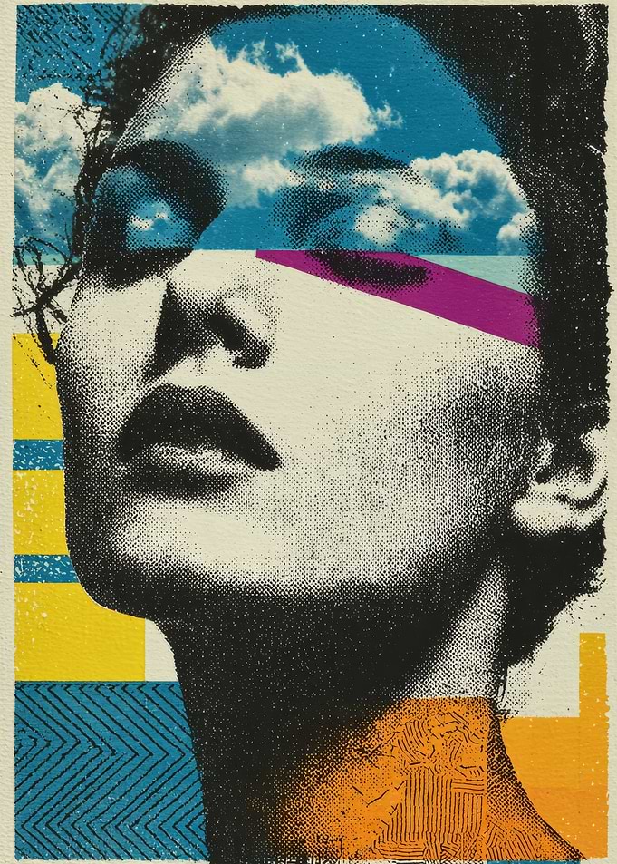 Surreal Portrait with Sky and Geometric Patterns