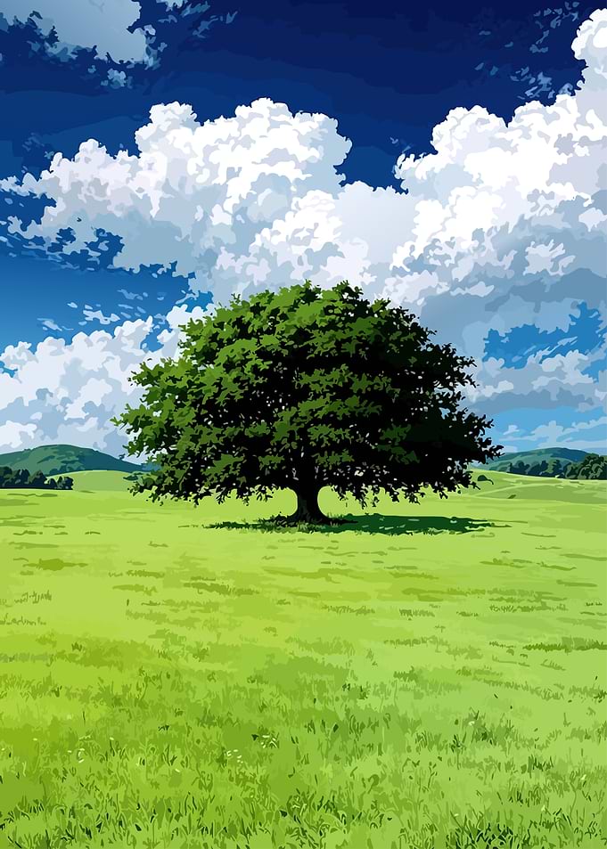 Serene Landscape with Large Oak Tree