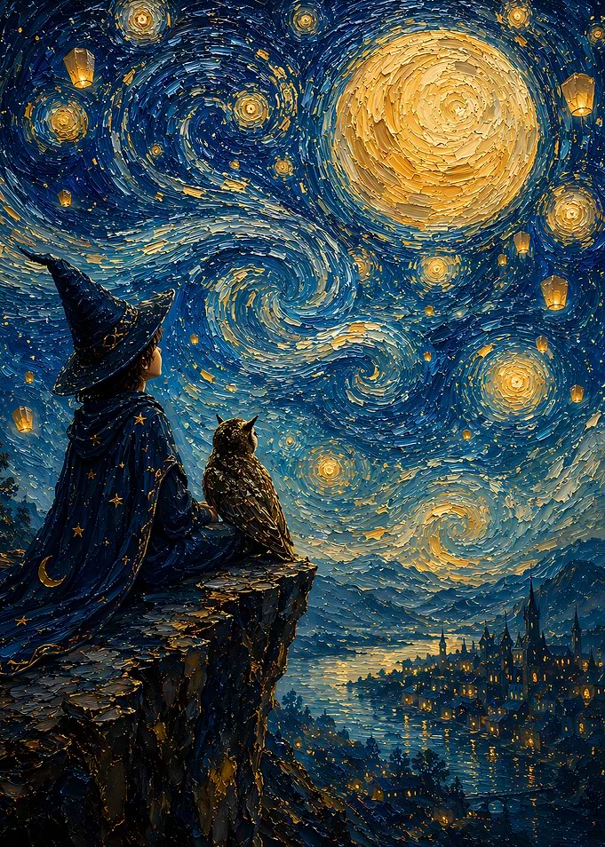 Wizard, Owl, and Starry Night Cityscape