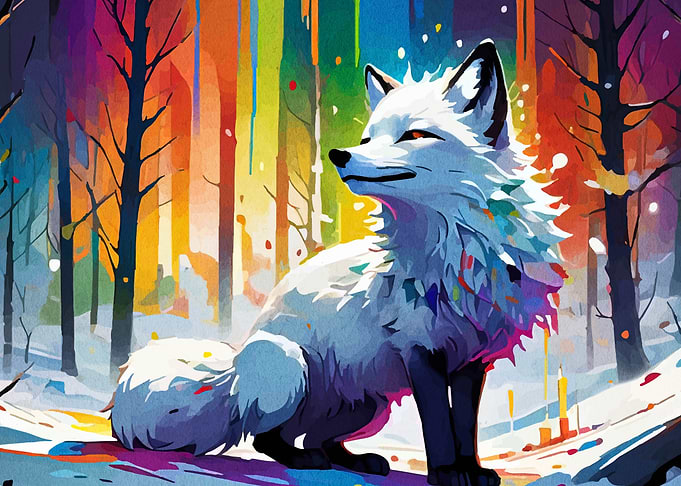 White Fox in Colorful Winter Forest