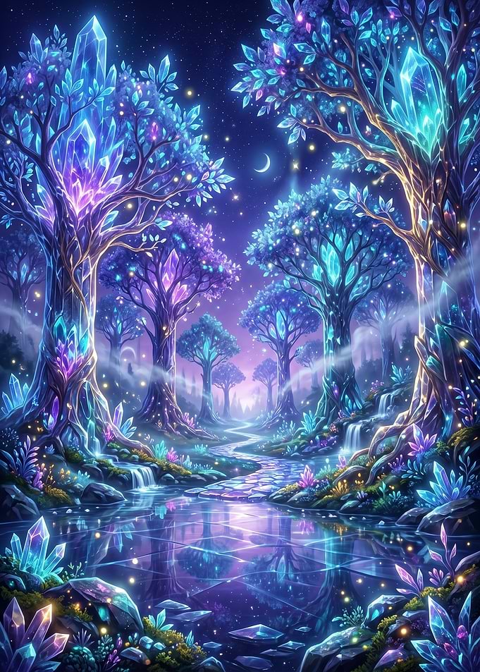Enchanted Crystal Forest at Night