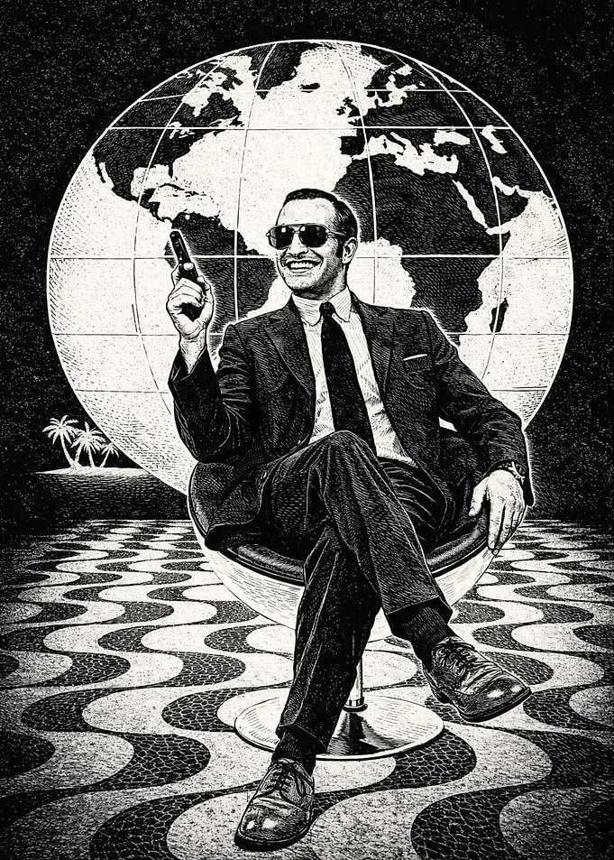 Man in Suit with Gun and Globe