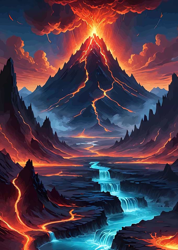 Volcano Erupting with Lava River