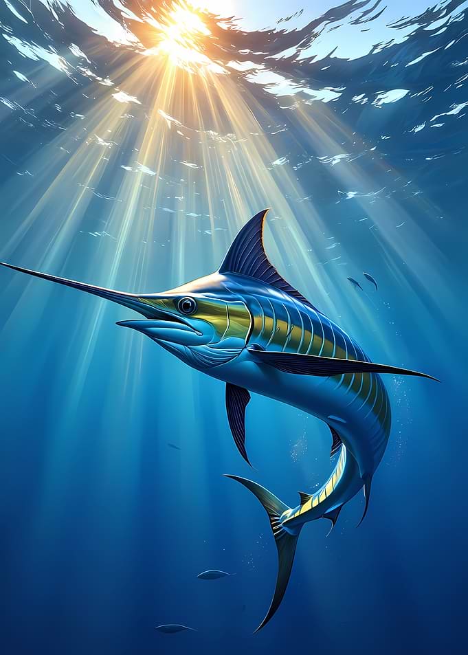 Marlin swimming in sunlit ocean
