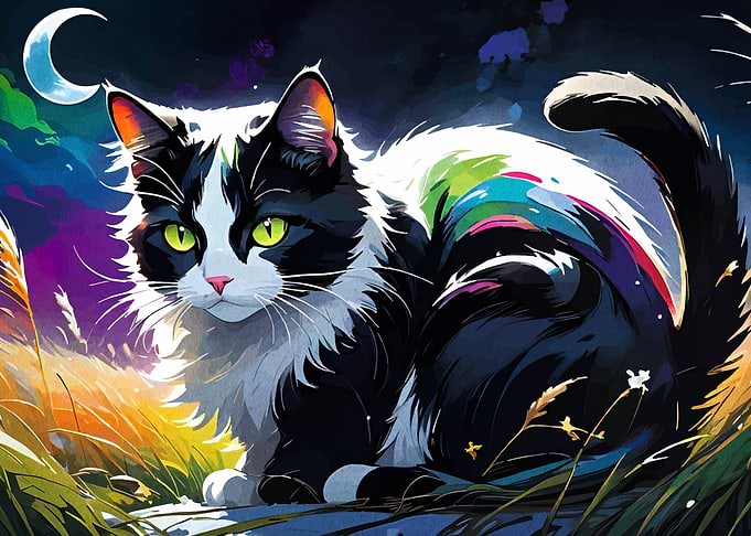 Tuxedo Cat in a Colorful Night Landscape
