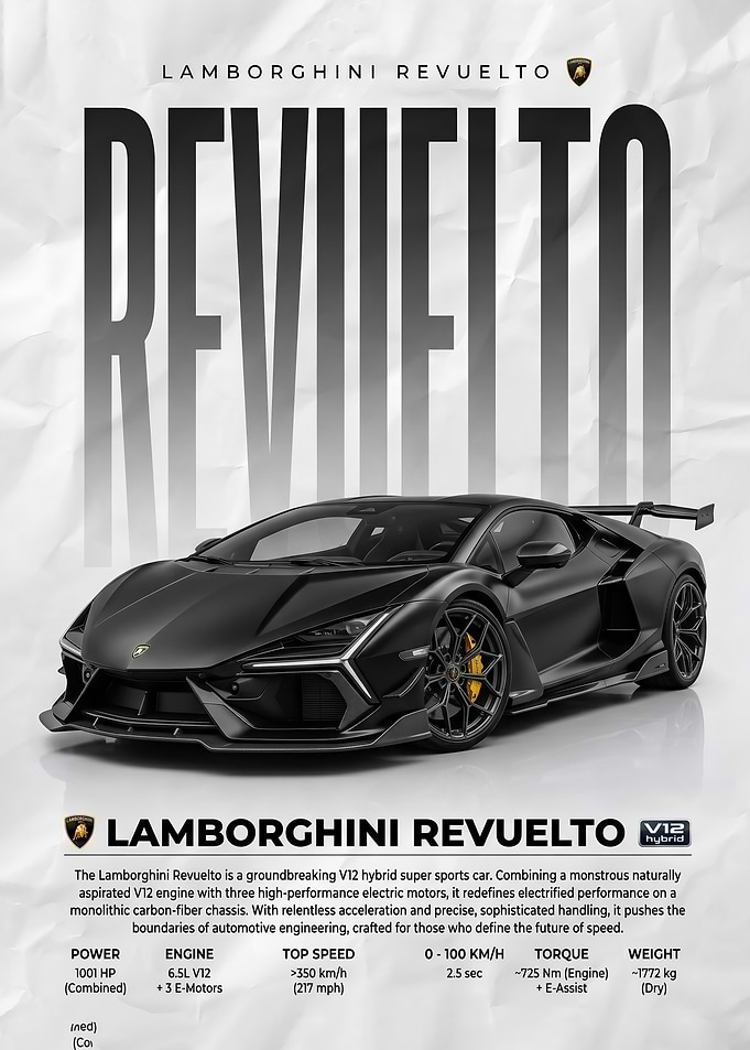 sleek black Lamborghini Revuelto V12 Hybrid Sports Car
