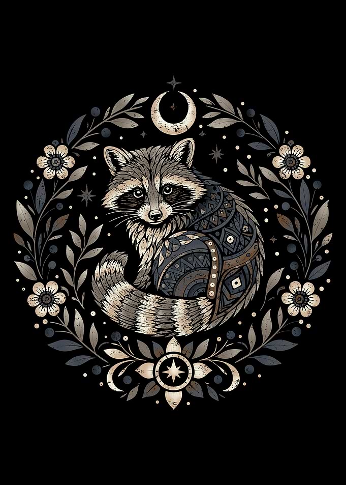 Bohemian Raccoon in Floral Wreath