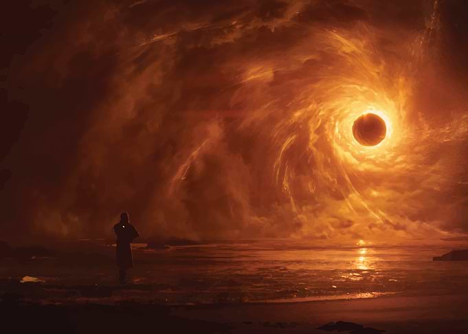 Figure watches cosmic event over ocean