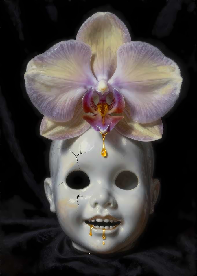 Creepy Doll Head with Orchid