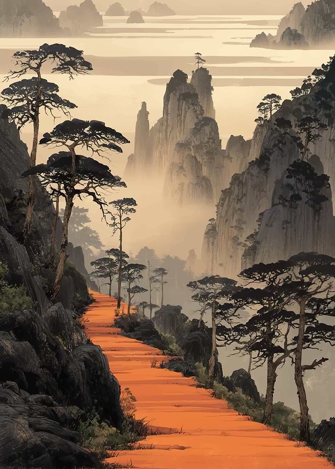 Misty Mountain Path with Pine Trees
