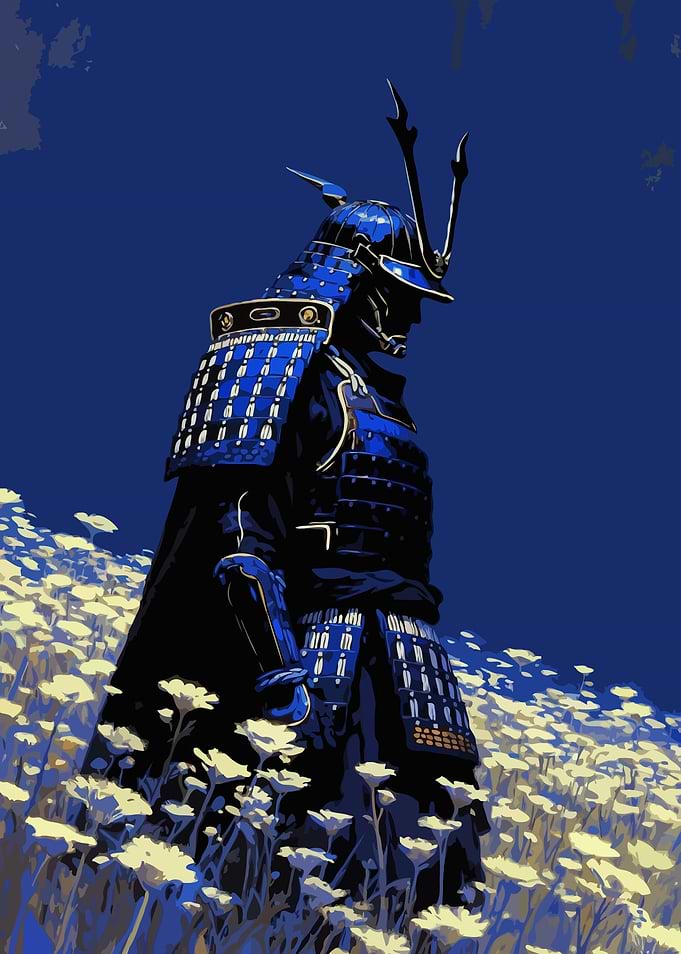 Samurai in a Field of Flowers Blue