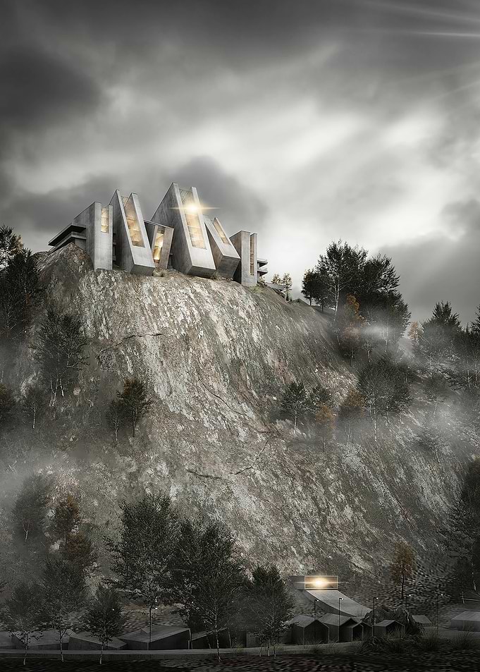 Futuristic building on a rocky mountain