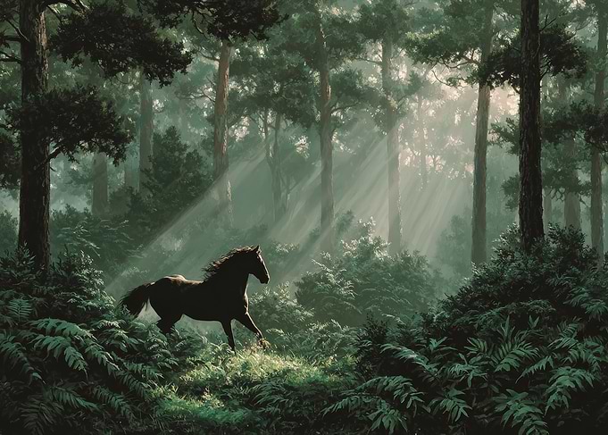 Horse running through a sunlit forest