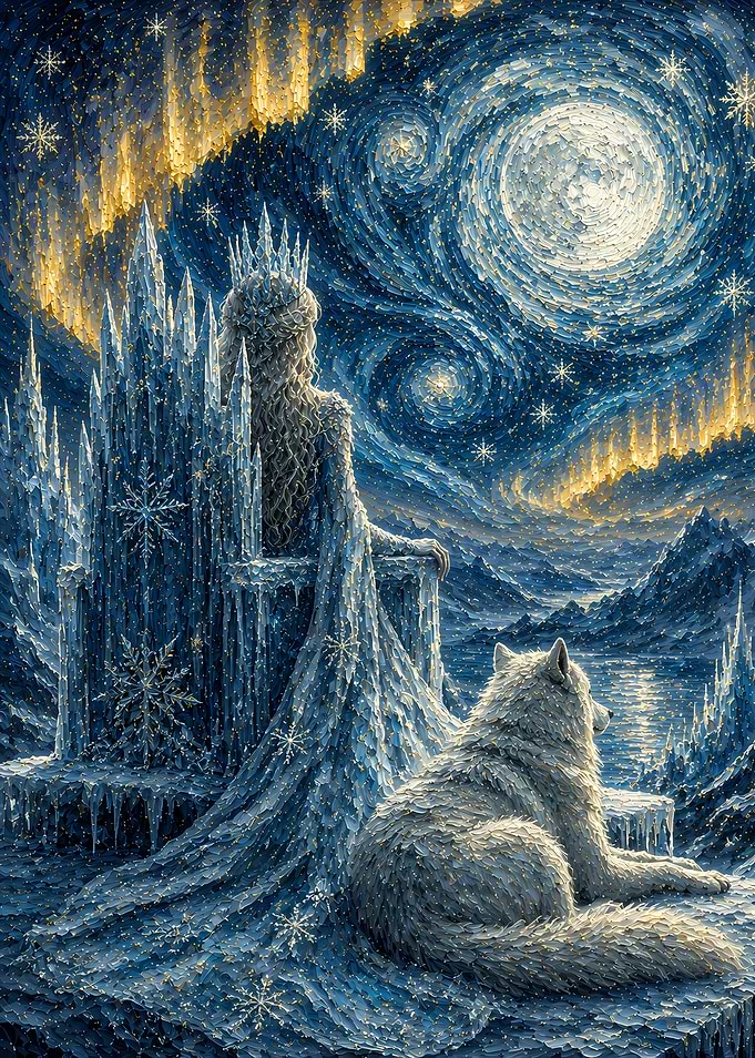 Ice Queen and Wolf Under Aurora