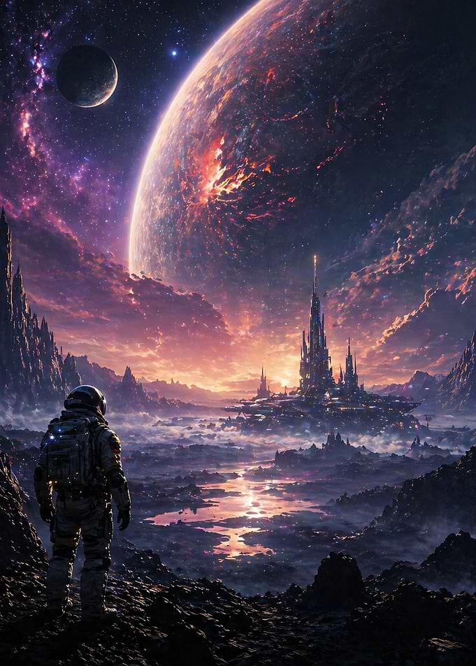 Astronaut overlooking alien cityscape