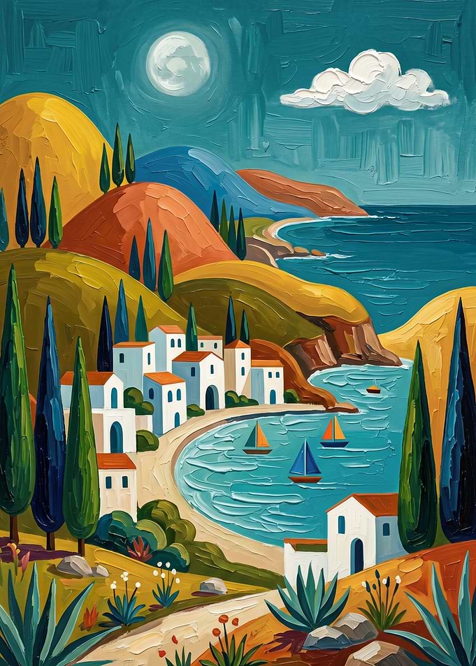 Mediterranean Coastal Village Painting
