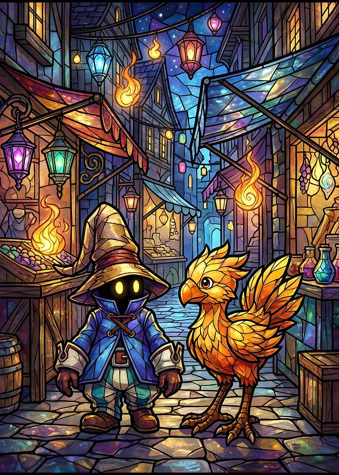 Vivi and Chocobo in Stained Glass