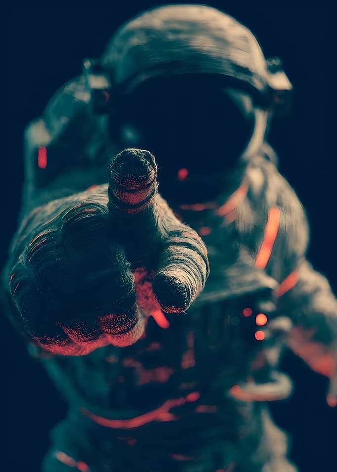 Astronaut pointing forward with glowing accents
