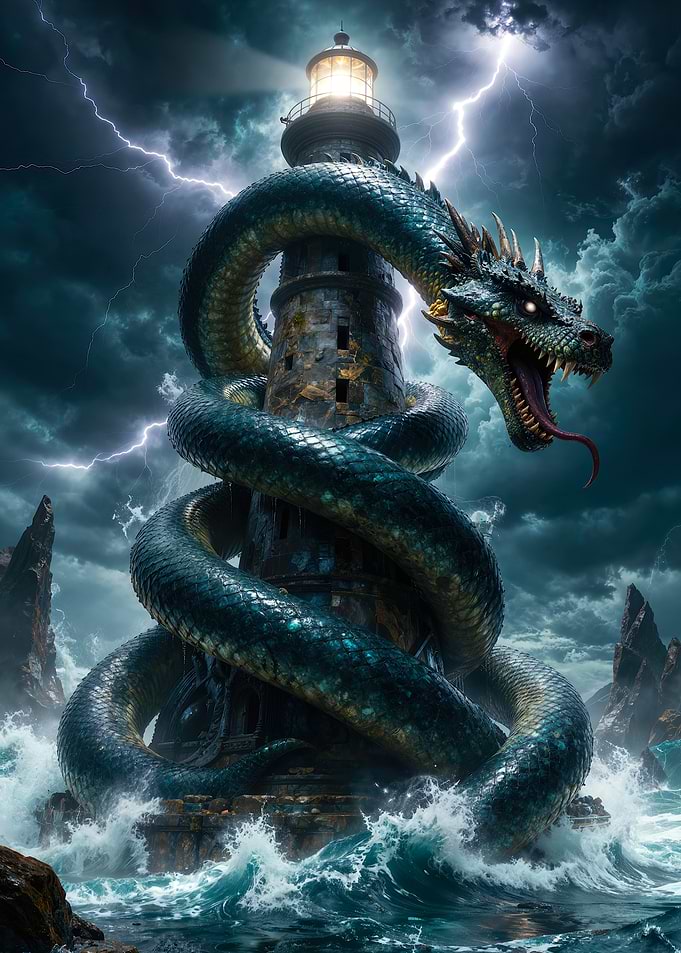 Dragon Coiled Around Lighthouse in Storm